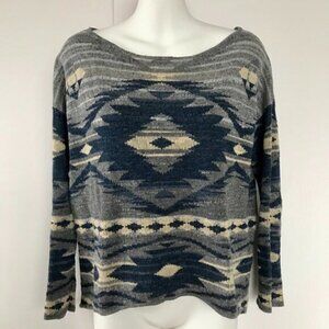 RALPH LAUREN Cotton Southwest Tribal Print Pullover Sweater blues greys cream M